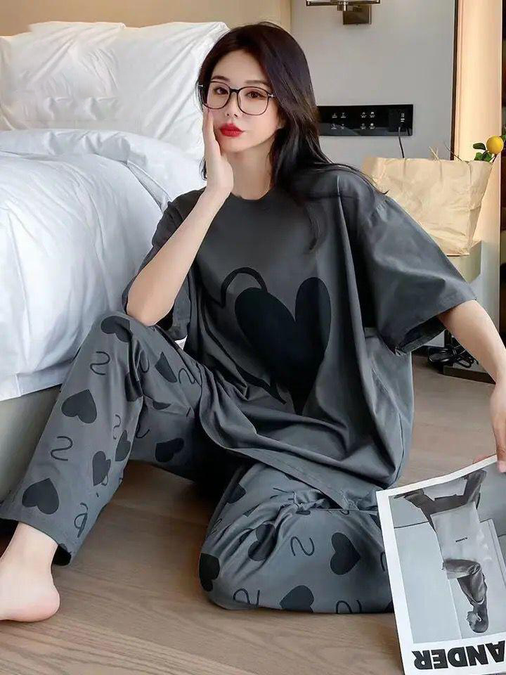 Gray double heart half sleeve night suit MH FASHION