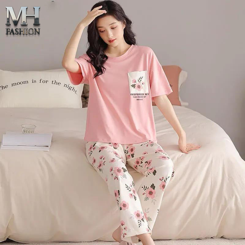 Pink flower pocket printed design night suit premium fabric for girls and woman