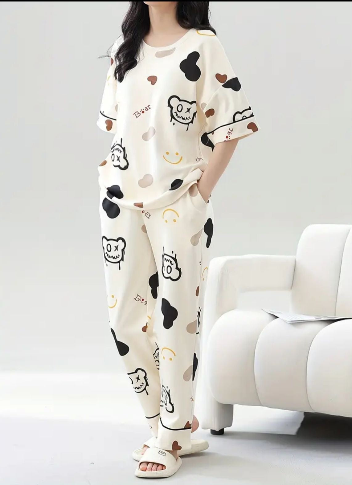 Off white bear printed ladies night suit fabric soft cotton jersey STYLE GROOVE