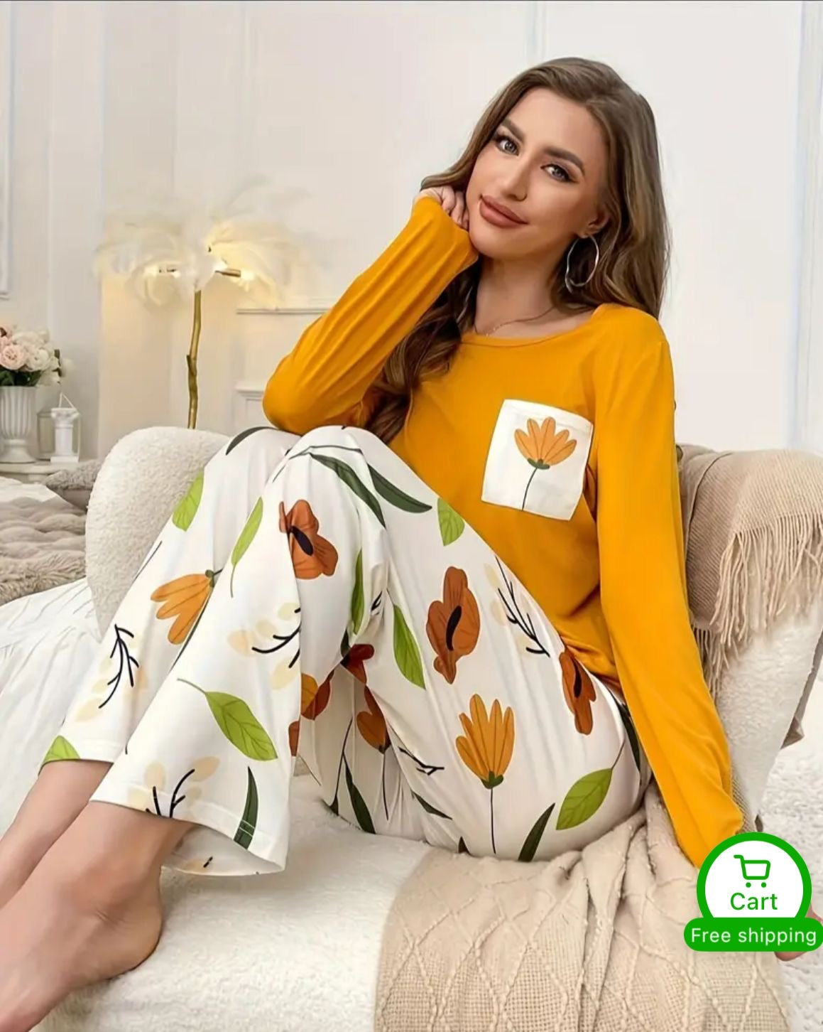 New Orange pocket Printed Full Sleeve Ladies Night Suit Fabic Soft cotton jersey STYLE GROOVE