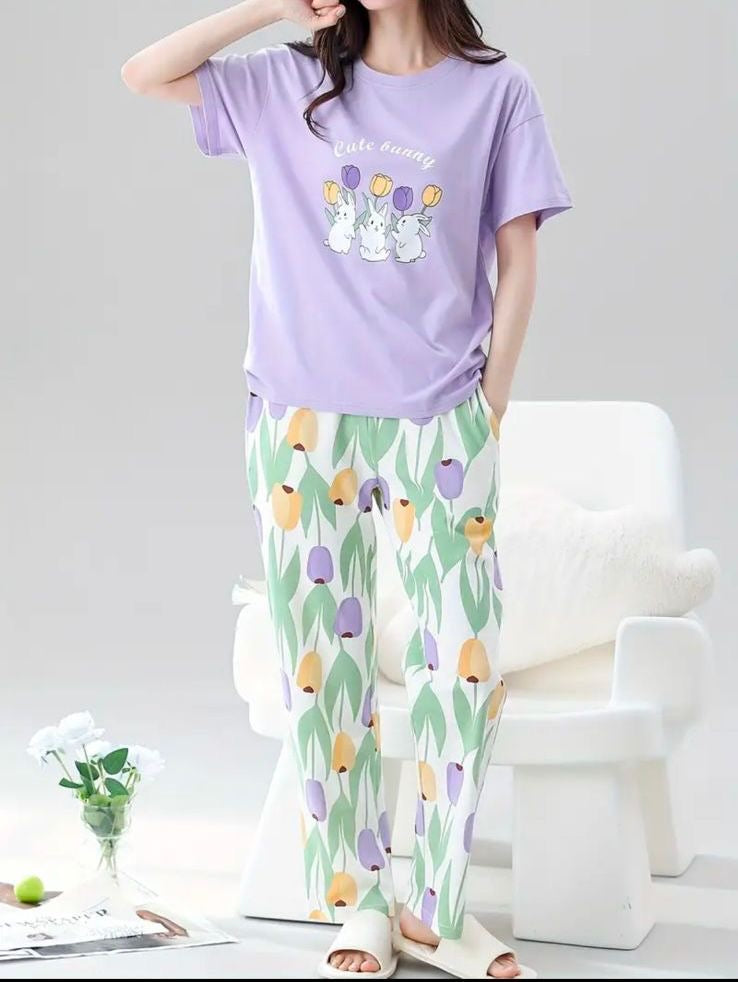 Purple bunny printed ladies night suit cotton jersey fabric STYLE GROOVE