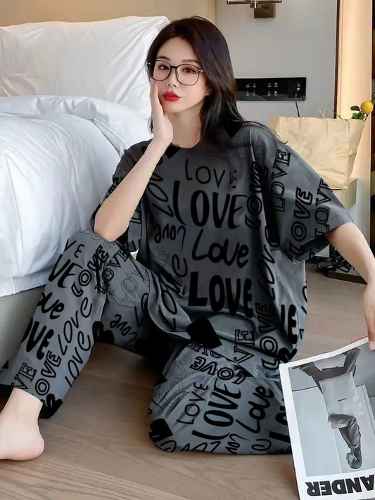 Big Love Printed NIGHTSUIT IN COTTON JARSY FABRIC gray