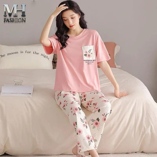 Pink flower pocket printed design night suit premium fabric for girls and woman