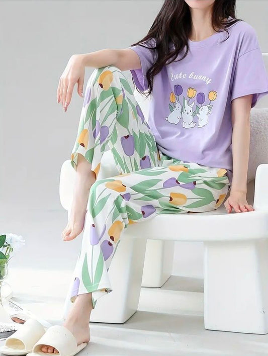 Purple bunny printed ladies night suit cotton jersey fabric