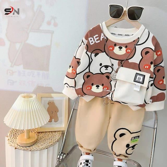White Multi Bear Winter Kids Track Suit Fabric Fleece STYLE GROOVE