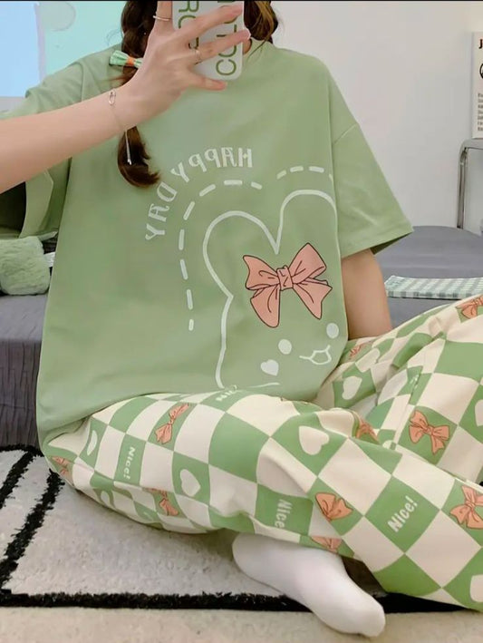 Happy day printed green ladies night suit  cotton jersey fabric