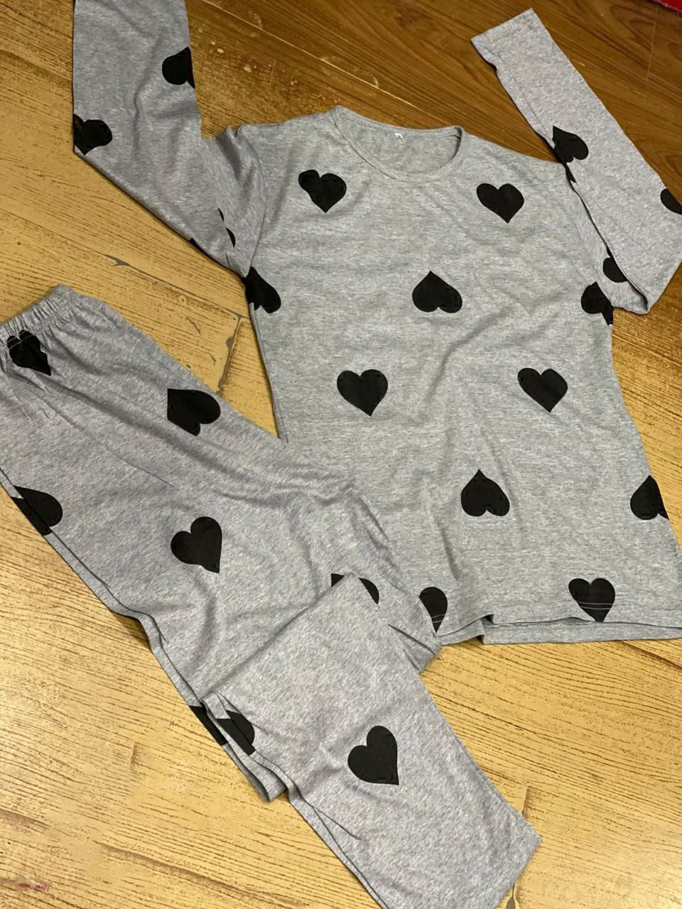Grey dil dil heart full sleeve printed design night suit fabric cotton jarsy STYLE GROOVE