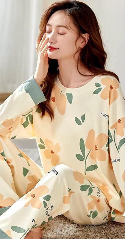 Orange flower printed night suit full sleeve in premium fabric for girls and woman