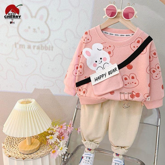Pink Pocket Rabit   Printed Winter Kids Track Suit Fabric Fleece STYLE GROOVE