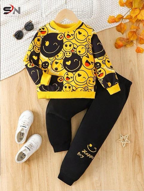 Yellow Multi Emojis Winter Kids Track Suit Fabric Fleece STYLE GROOVE