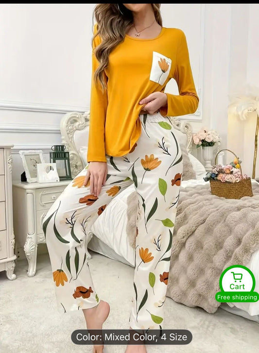 New Orange pocket Printed Full Sleeve Ladies Night Suit Fabic Soft cotton jersey STYLE GROOVE