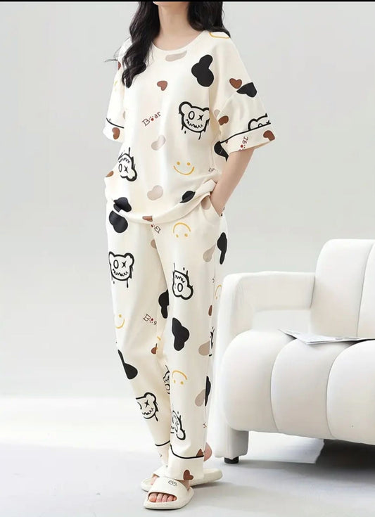 Off white bear printed ladies night suit fabric soft cotton jersey STYLE GROOVE