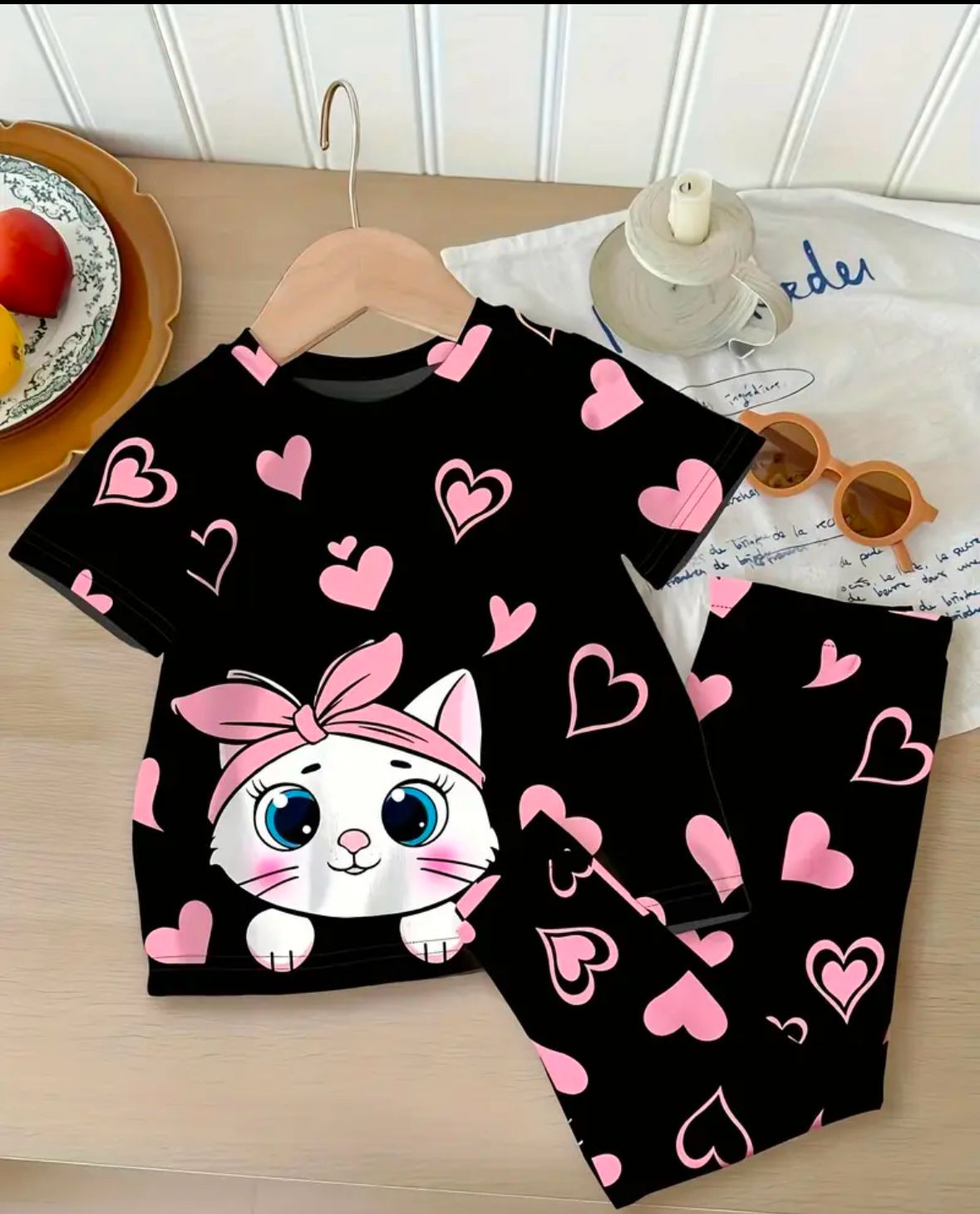 Black Cat & Hearts Summer Shirt & Trouser For Baby & Baba STYLE GROOVE