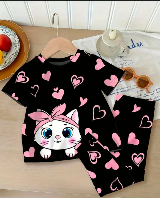 Black Cat & Hearts Summer Shirt & Trouser For Baby & Baba