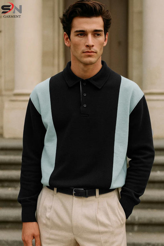 Sky & Black Old Money Panel Collar Sweatshirt For mens & Boys STYLE GROOVE